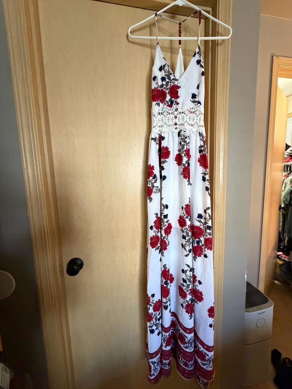White Floral Maxi Dress with Red & Navy Print